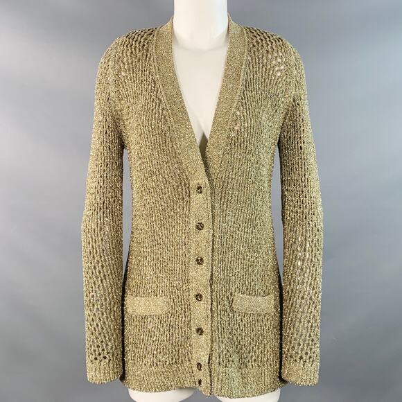 MARC JACOBS Size S Gold Nylon Metallic Knit Buttoned Cardigan - Picture 1 of 5